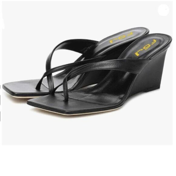 FSJ Women Casual Flip Flop Slide Mule Shoes Square Open Toe Thong Sandal Black - Picture 1 of 7